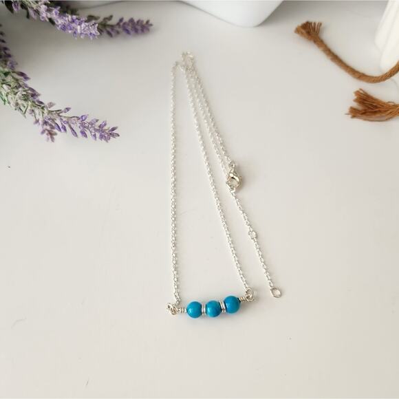 Silver Dainty Trio Turquoise Seashell Bar Necklace / Wire Wrapped Blue Necklace - Picture 1 of 6
